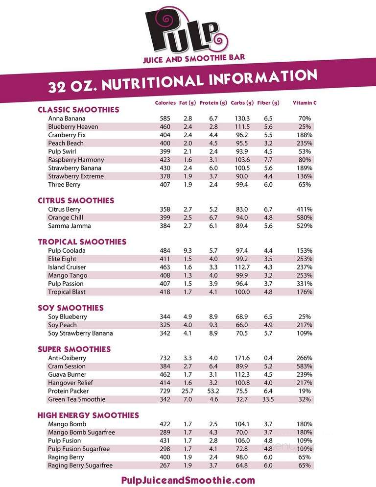 Pulp Juice and Smoothie Bar - Solon, OH menu_pic