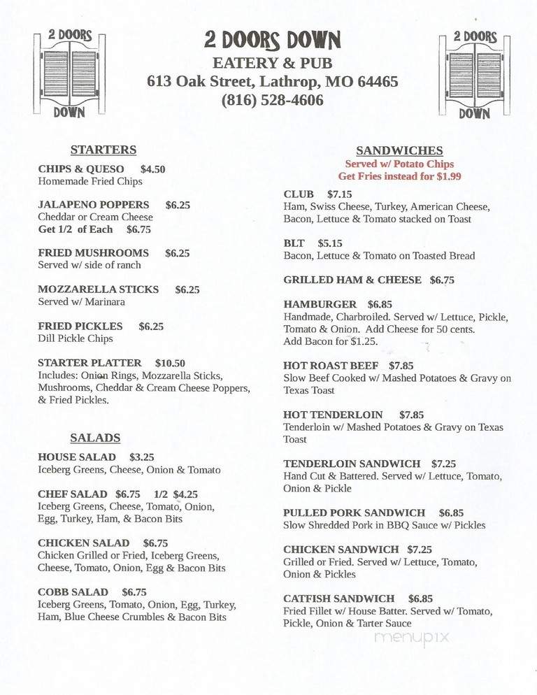 2 doors down - Lathrop, MO menu_pic