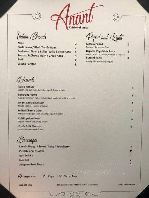 Anant Cuisine of India - Glen Allen, VA menu_pic