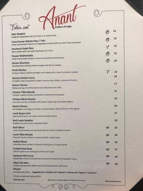 Anant Cuisine of India - Glen Allen, VA menu_pic