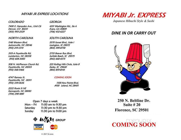 Menu of Miyabi Jr Express in Florence, SC 29501