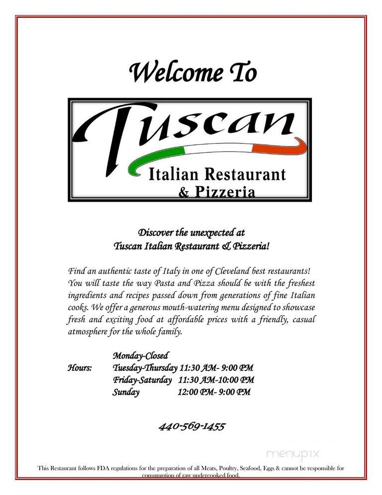 Tuscan Italian Restaurant and Pizzeria - Willowick, OH menu_pic