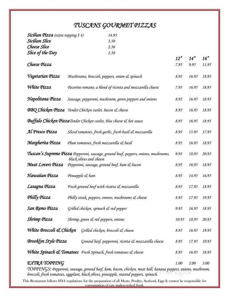 Tuscan Italian Restaurant and Pizzeria - Willowick, OH menu_pic