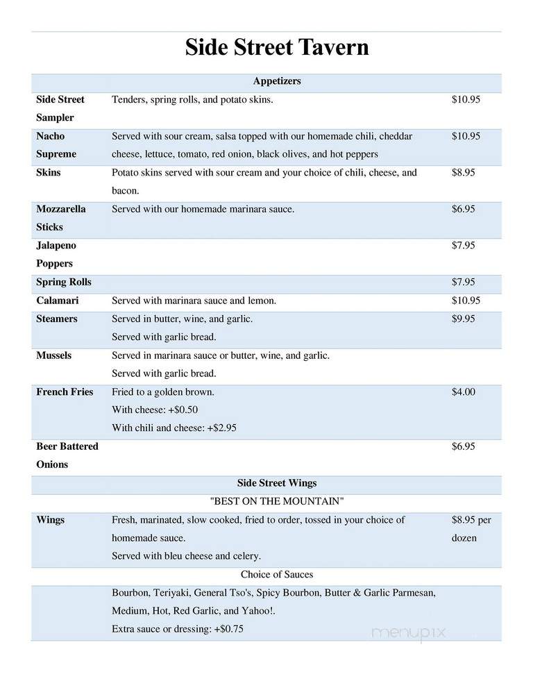 SideStreet Bar & Grill - Dingmans Ferry, PA menu_pic