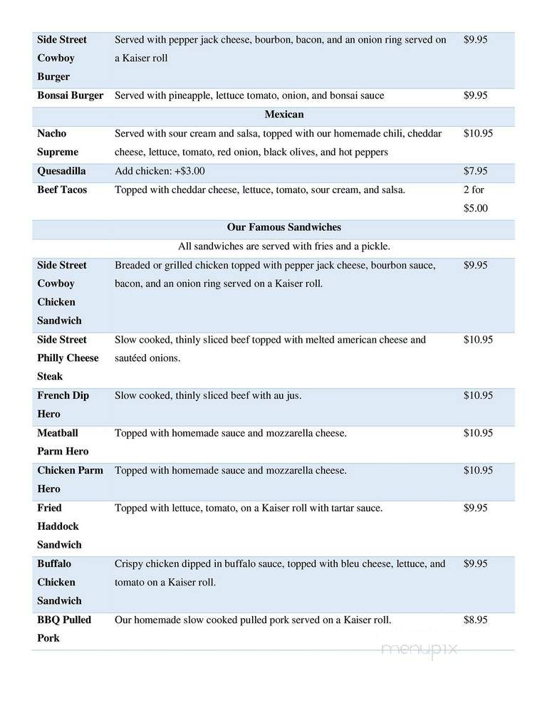 SideStreet Bar & Grill - Dingmans Ferry, PA menu_pic