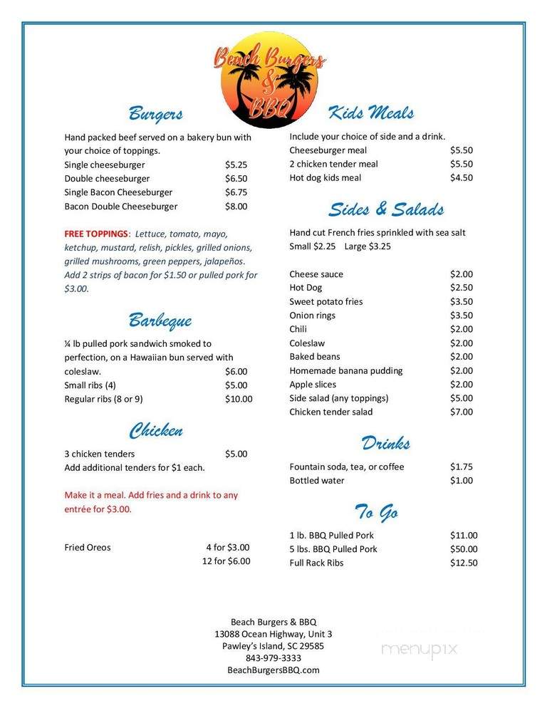 Beach Burgers & BBQ - Pawleys Island, SC menu_pic