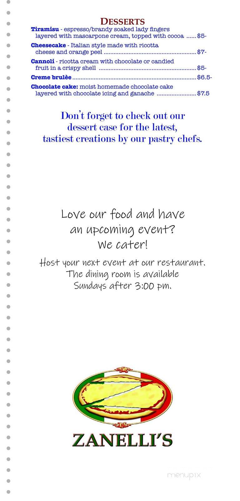 Zanelli's - New Cumberland, PA menu_pic