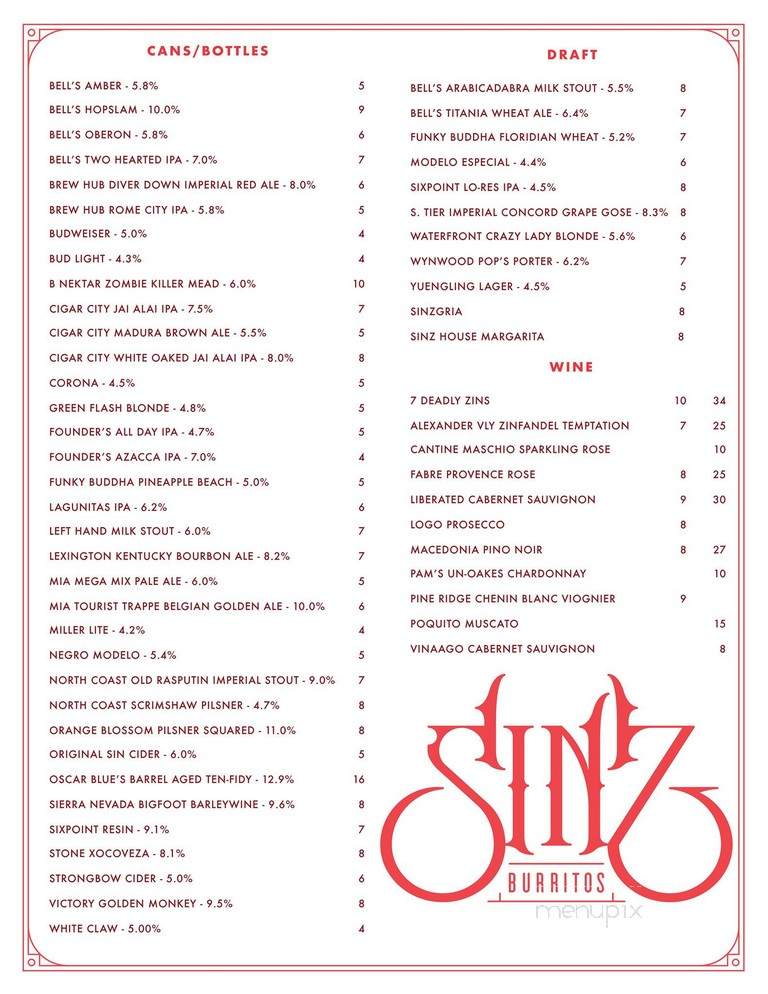 Sinz Burritos - Key West, FL menu_pic