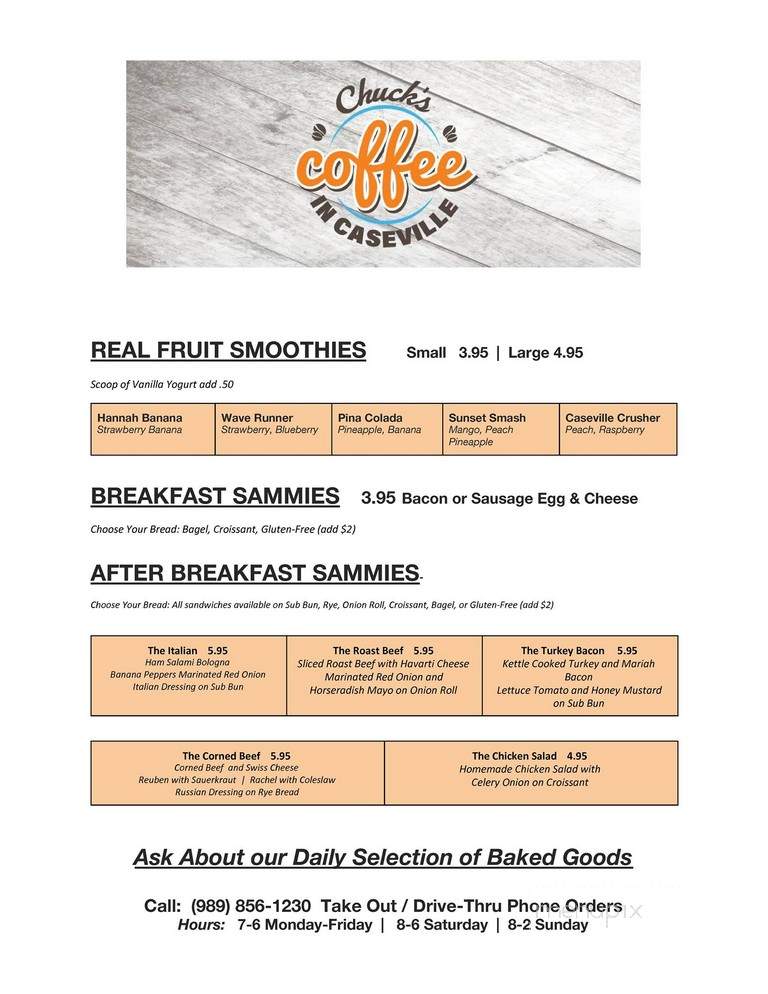 Chuck's Coffee in Caseville - Caseville, MI menu_pic