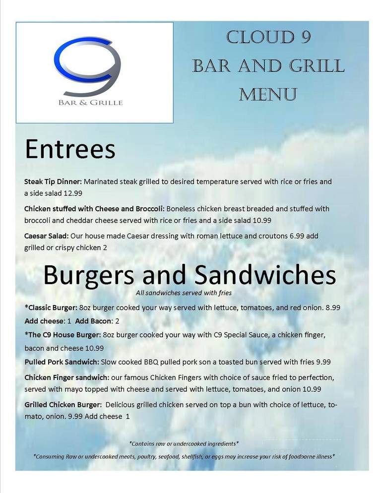 Cloud 9 Bar and Grille - Hampton, NH menu_pic