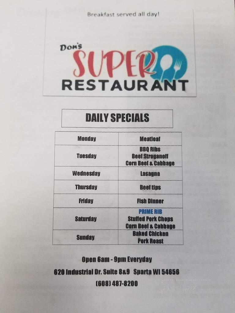Super Restaurant - Sparta, WI menu_pic
