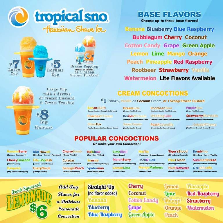 Tropical Sno - Myrtle Beach, SC menu_pic