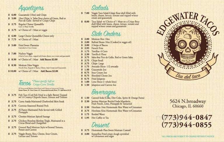 Edgewater Tacos - Chicago, IL menu_pic