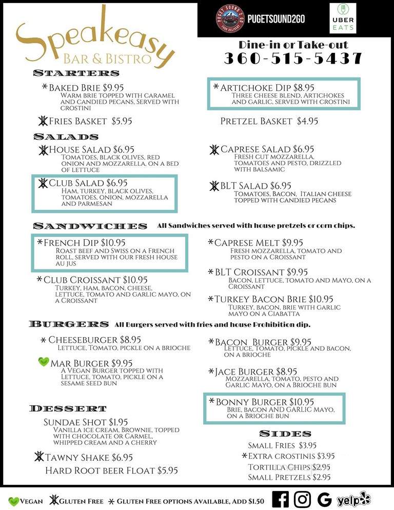 Speakeasy Bar & Bistro - Olympia, WA menu_pic