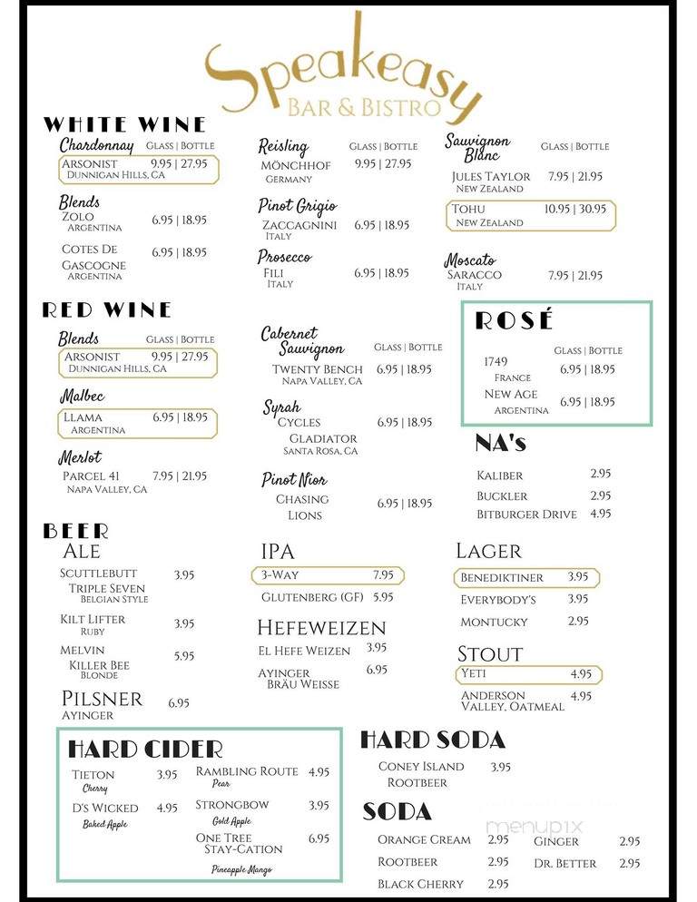 Speakeasy Bar & Bistro - Olympia, WA menu_pic