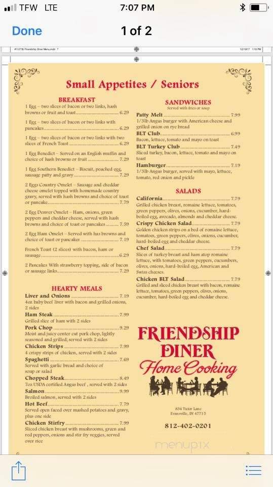 Friendship Diner - Evansville, IN menu_pic