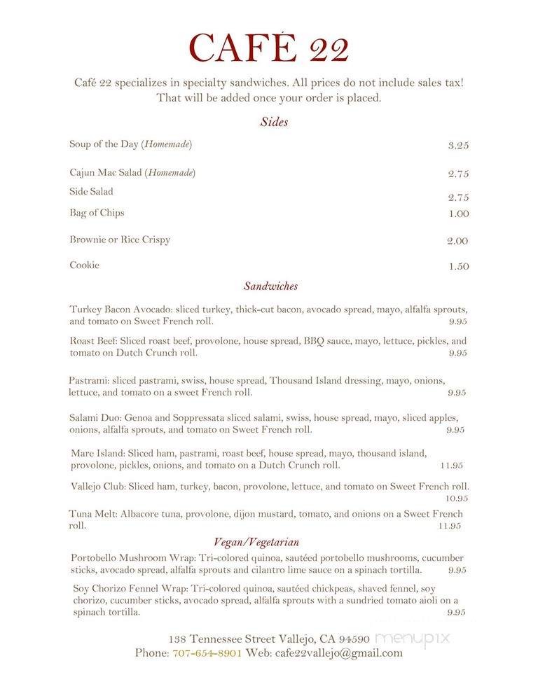 Cafe 22 - Vallejo, CA menu_pic