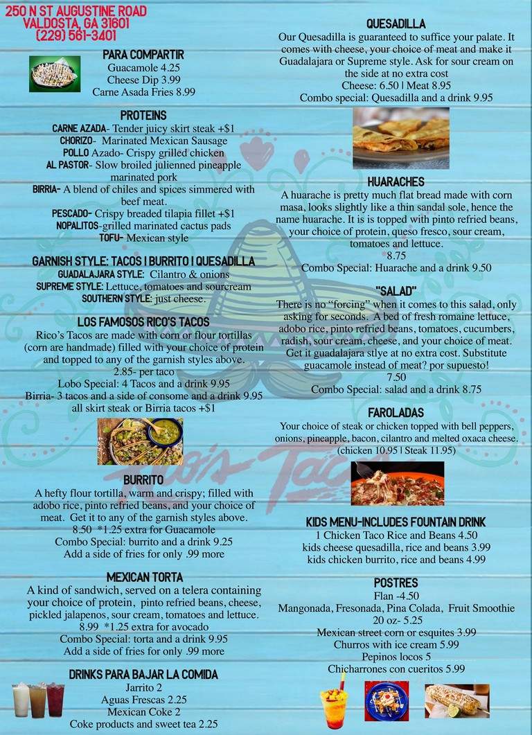 Rico's Tacos - Valdosta, GA menu_pic