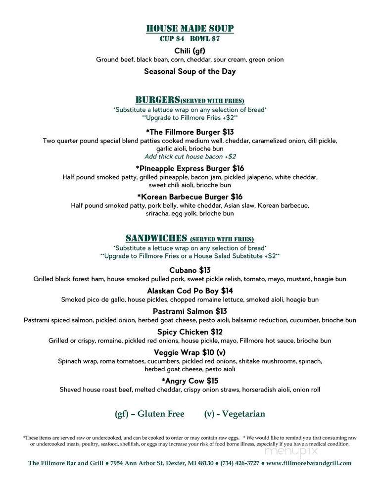 Fillmore Bar & Grill - Dexter, MI menu_pic