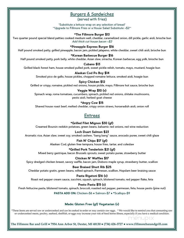 Fillmore Bar & Grill - Dexter, MI menu_pic