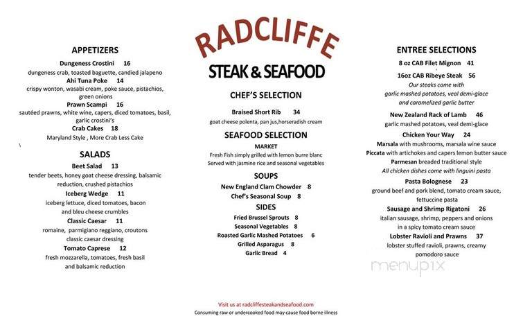 Radcliffe Steak & Seafood - Sammamish, WA menu_pic