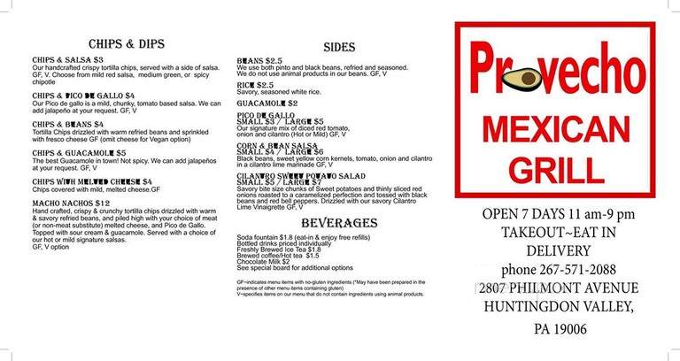 Provecho Mexican Grill - Lower Moreland Township, PA menu_pic