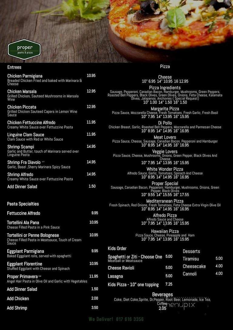 Proper Pasta and Pizza - Hurst, TX menu_pic