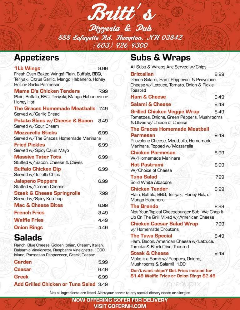 Britt's Pizzaria & Pub and Music Store - Hampton, NH menu_pic