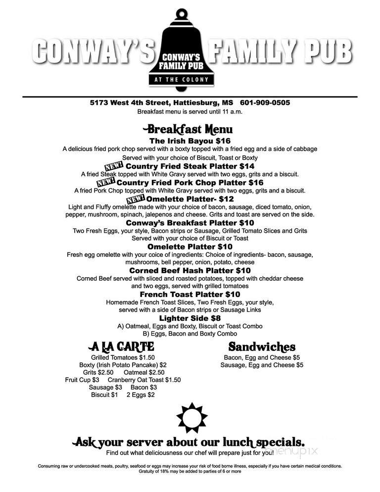 Conway's Family Pub - Hattiesburg, MS menu_pic