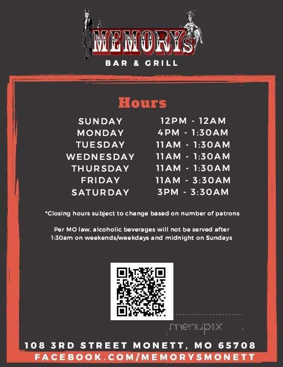 Memorys Bar & Grill - Monett, MO menu_pic