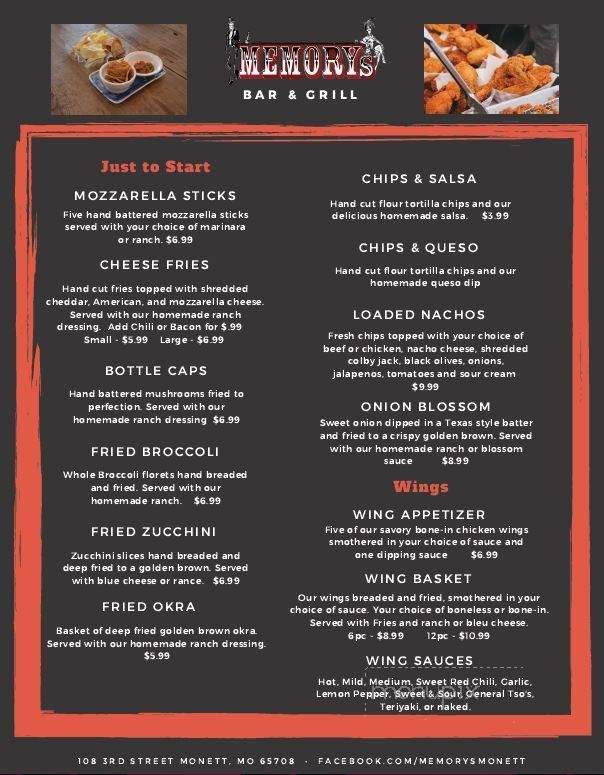 Memorys Bar & Grill - Monett, MO menu_pic