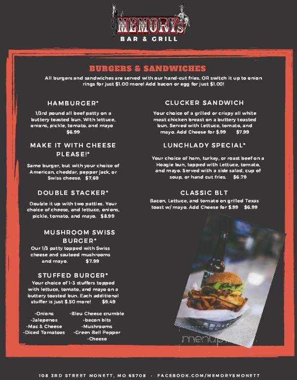 Memorys Bar & Grill - Monett, MO menu_pic