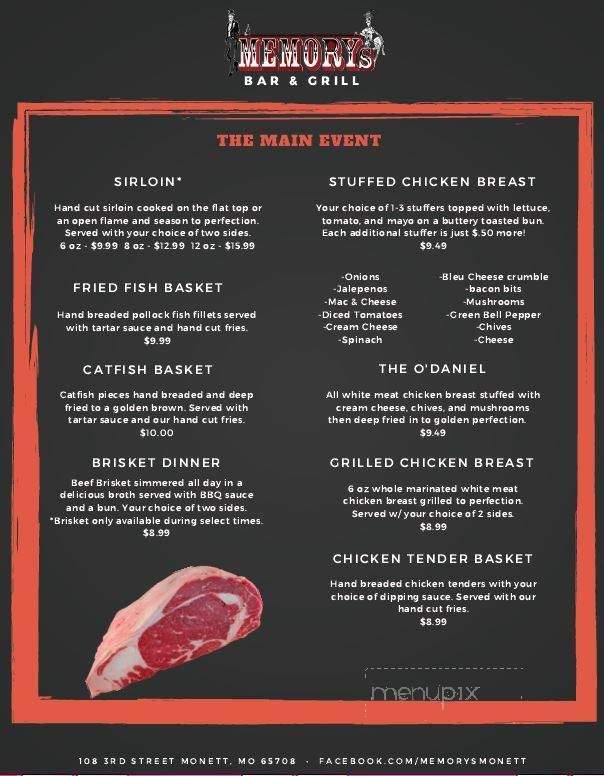 Memorys Bar & Grill - Monett, MO menu_pic