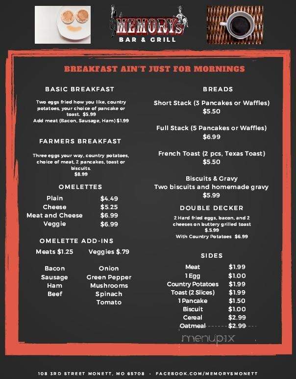 Memorys Bar & Grill - Monett, MO menu_pic
