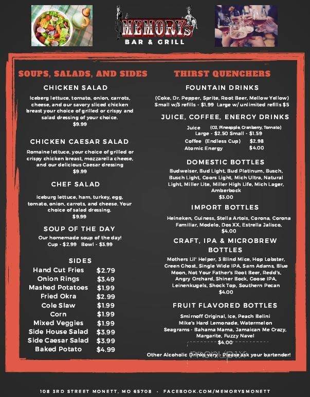 Memorys Bar & Grill - Monett, MO menu_pic