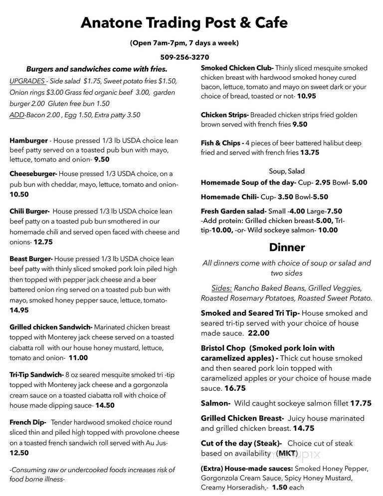 Anatone Trading Post & Cafe - Anatone, WA menu_pic