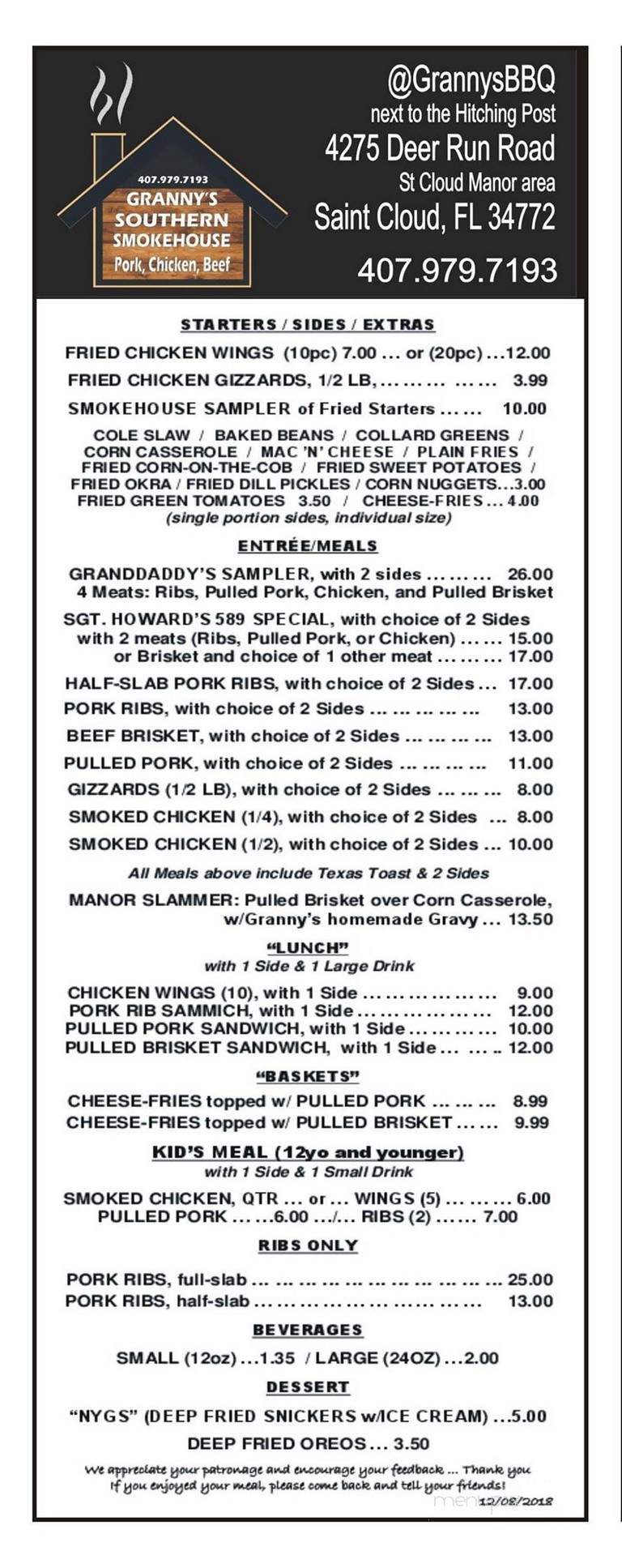 granny's southern smokehouse menu