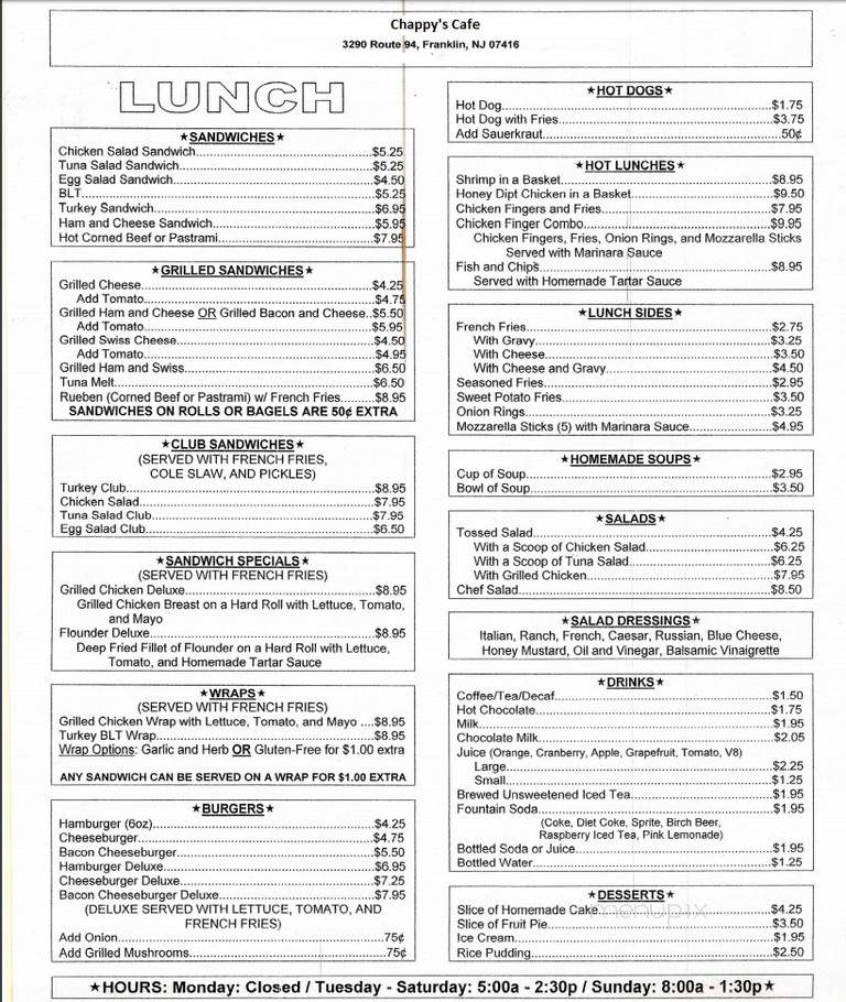 Chappy's Cafe - Franklin, NJ menu_pic