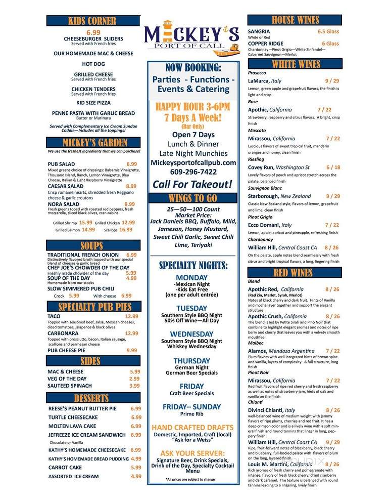 Mickey's Port of Call Pub - Tuckerton, NJ menu_pic