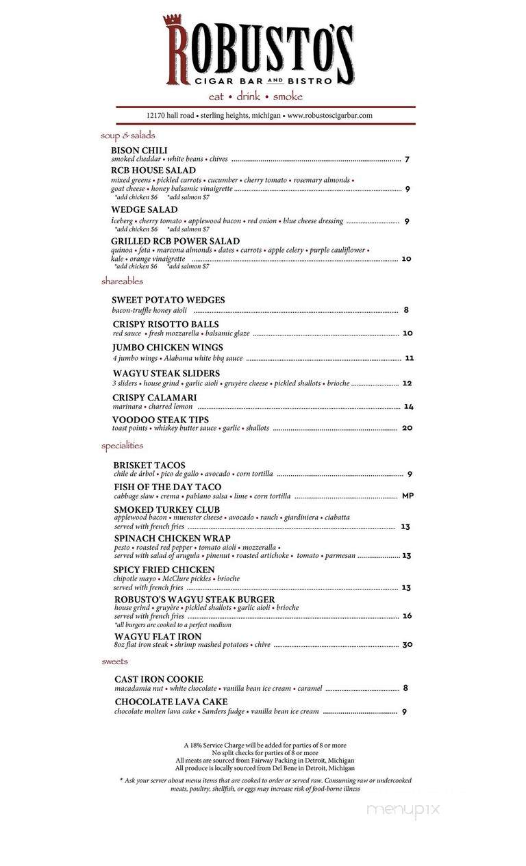 Robusto's Cigar Bar and Bistro - Sterling Heights, MI menu_pic