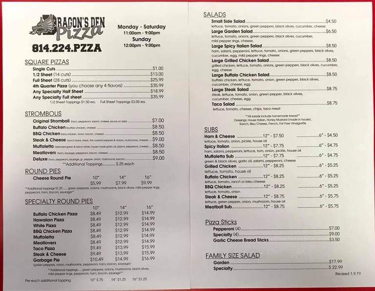 Dragons Den Pizza - Roaring Spring, PA menu_pic