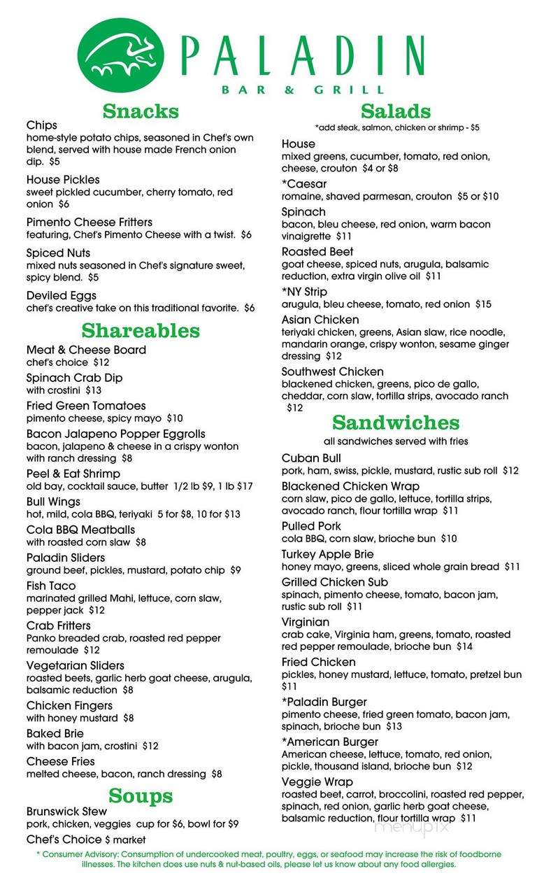 Paladin Bar & Grill - Stephens City, VA menu_pic