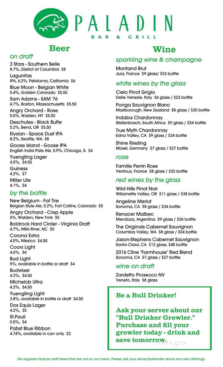 Paladin Bar & Grill - Stephens City, VA menu_pic