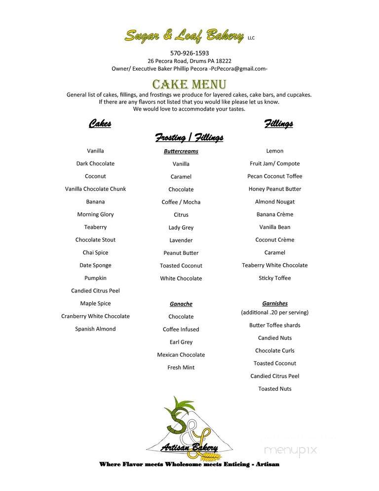 Sugar & Loaf Bakery - Drums, PA menu_pic