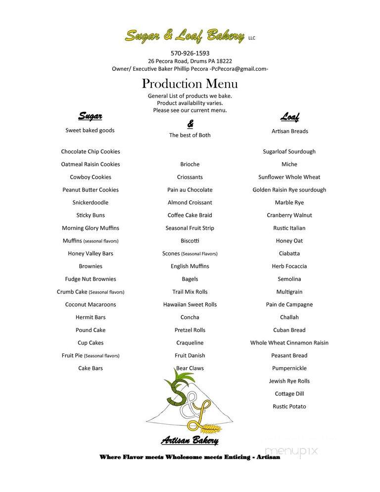 Sugar & Loaf Bakery - Drums, PA menu_pic