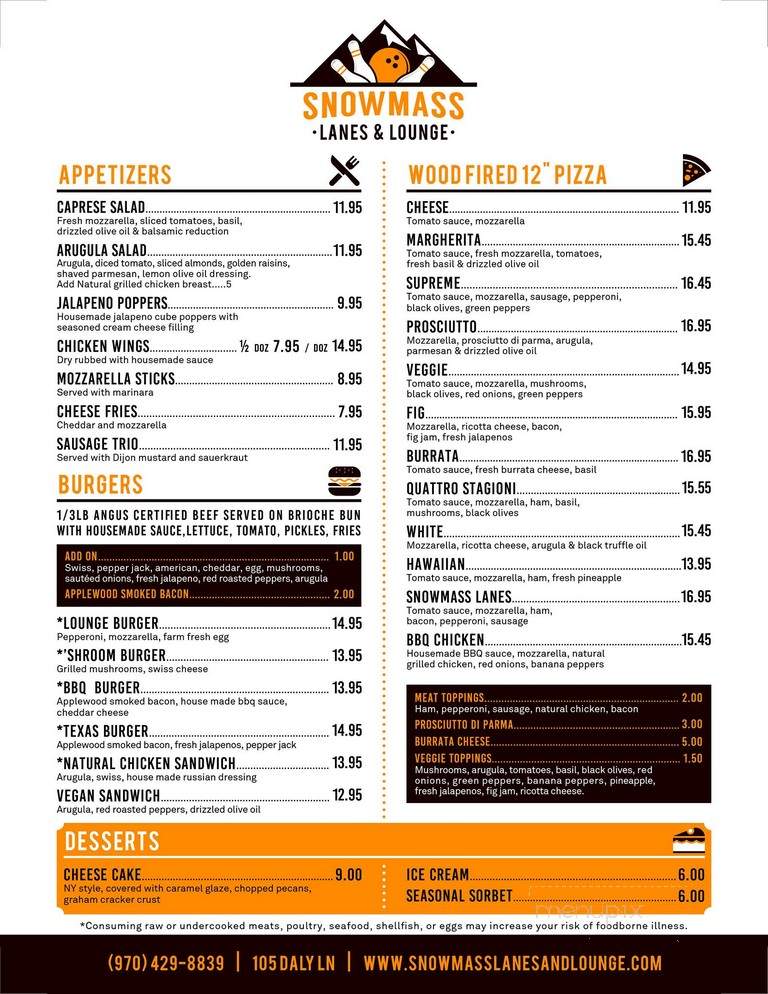 Snowmass Lanes & Lounge - Snowmass Village, CO menu_pic