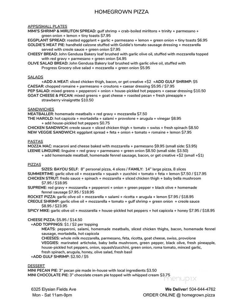 Homegrown Pizza - New Orleans, LA menu_pic
