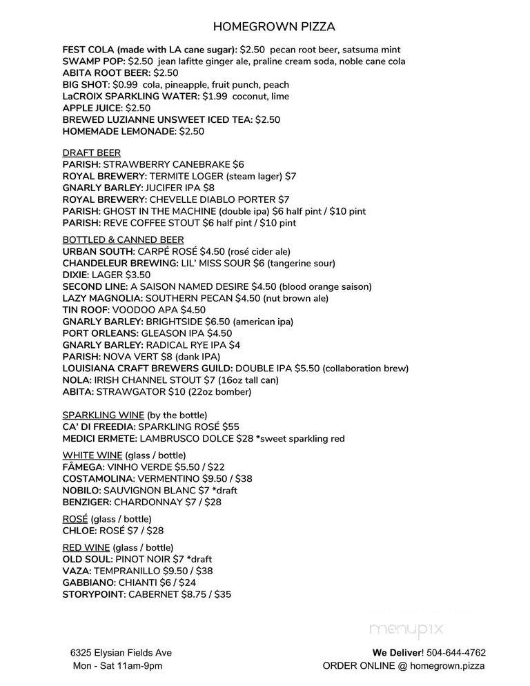 Homegrown Pizza - New Orleans, LA menu_pic