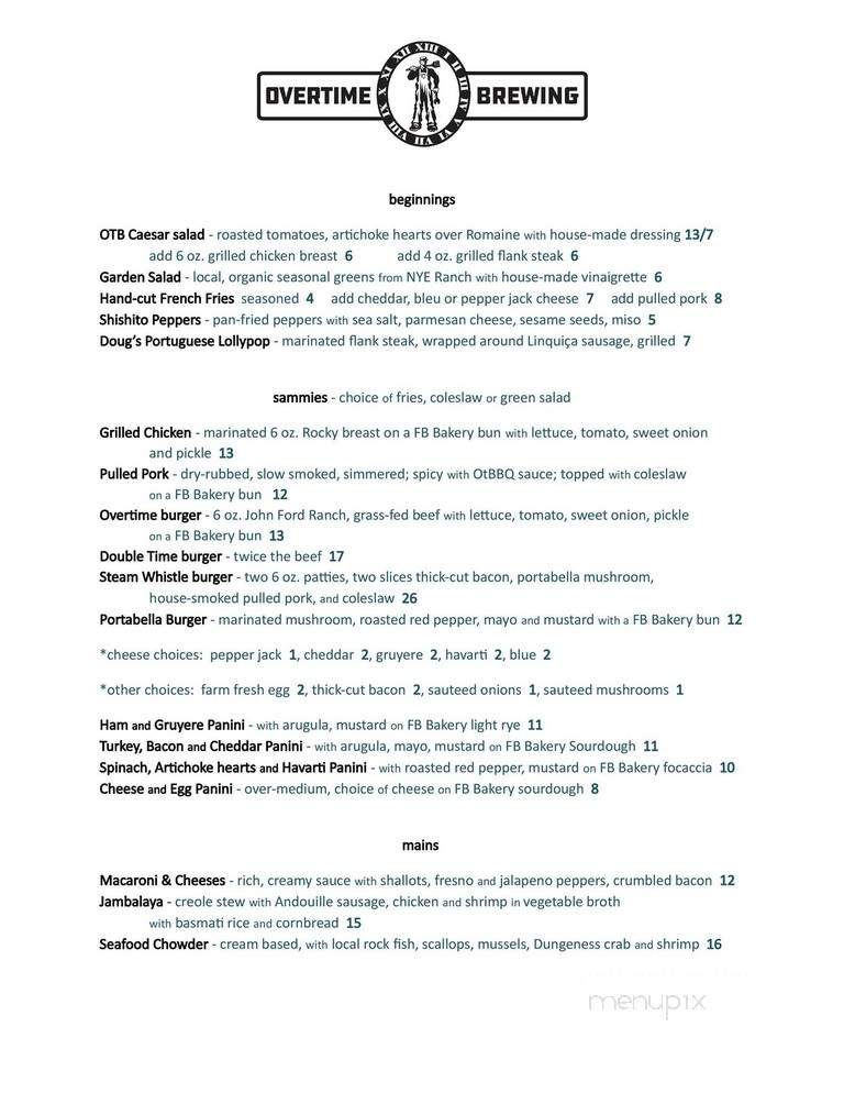 Overtime Brewing Company - Fort Bragg, CA menu_pic