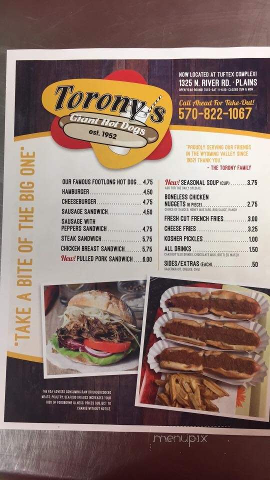 Torony's Giant Hot Dog - Plains, PA menu_pic